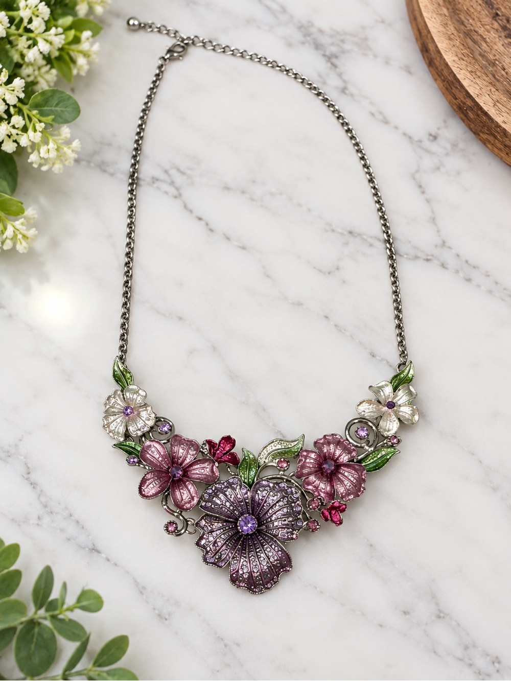 Women’s Floral Statement Necklace Silver Tone Purple Pink Rhinestone Enamel